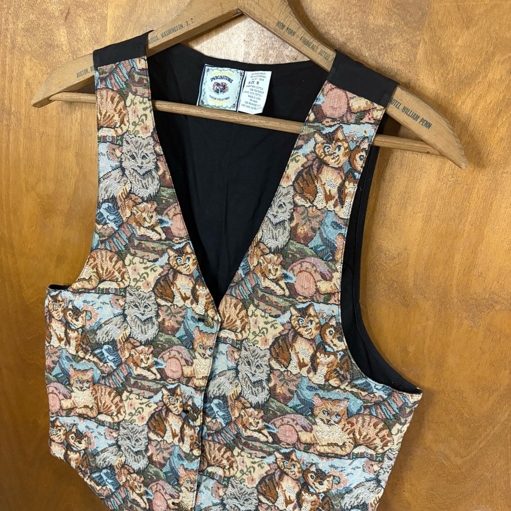 Vintage Cat Tapestry Patchwork Vest Retro Y2K 90s Cottagecore Grandma Kitty Mod - Picture 3 of 16